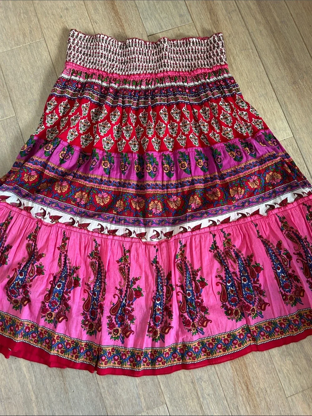 Bohemian Cotton Pink Floral Tiered Maxi Skirt size L ruched waist lined